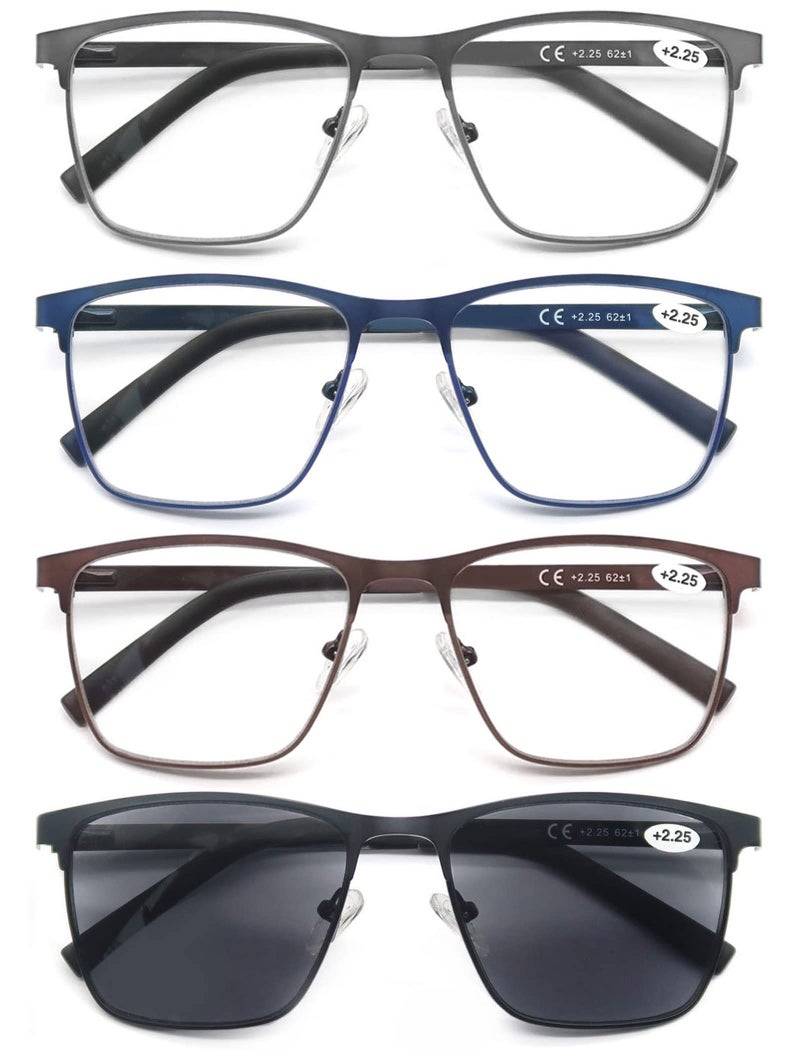 MODFANS 4 Pairs (Blue Light Blocking) Reading Glasses Men,Metal Frame Rectangle Style Stainless Steel Material Spring Hinges,Black-Grey-Blue-Brown